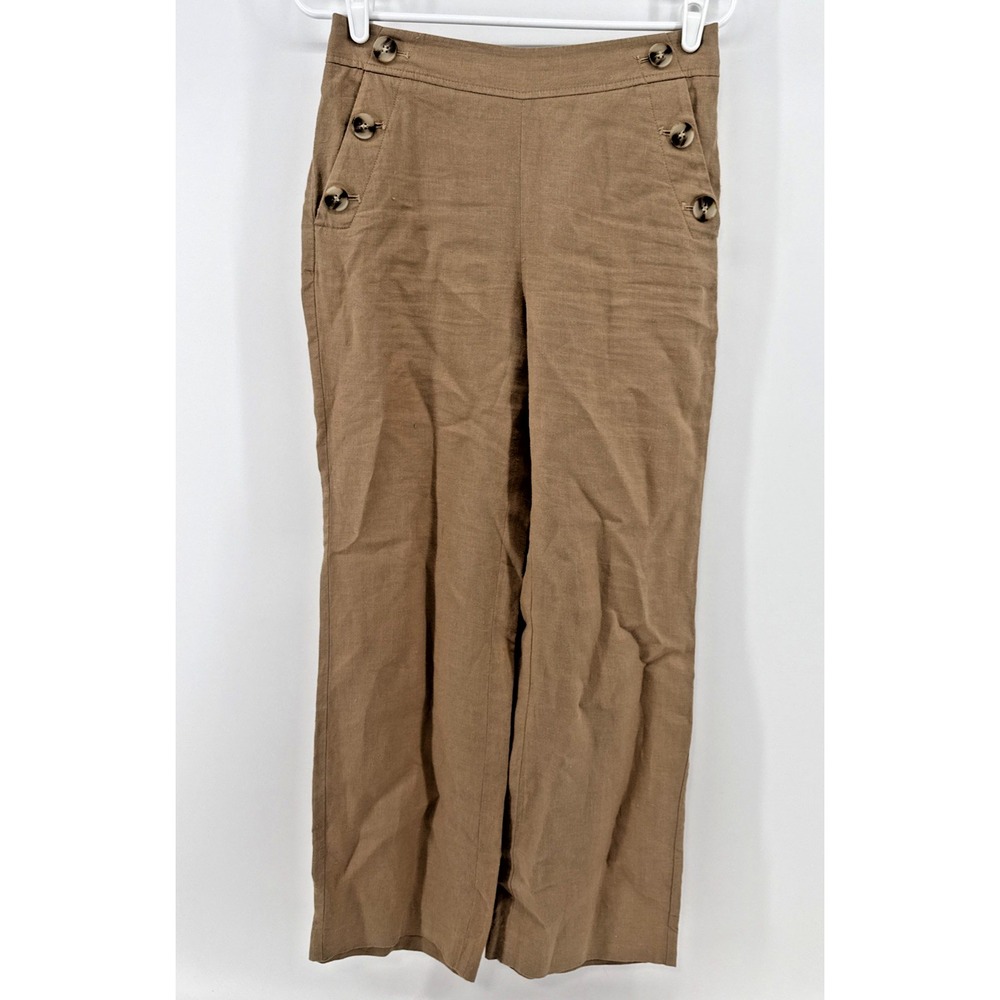 Talbots Women's 4 Petite Pants 100% Linen Tan Brown Button Detail Pocket Classic